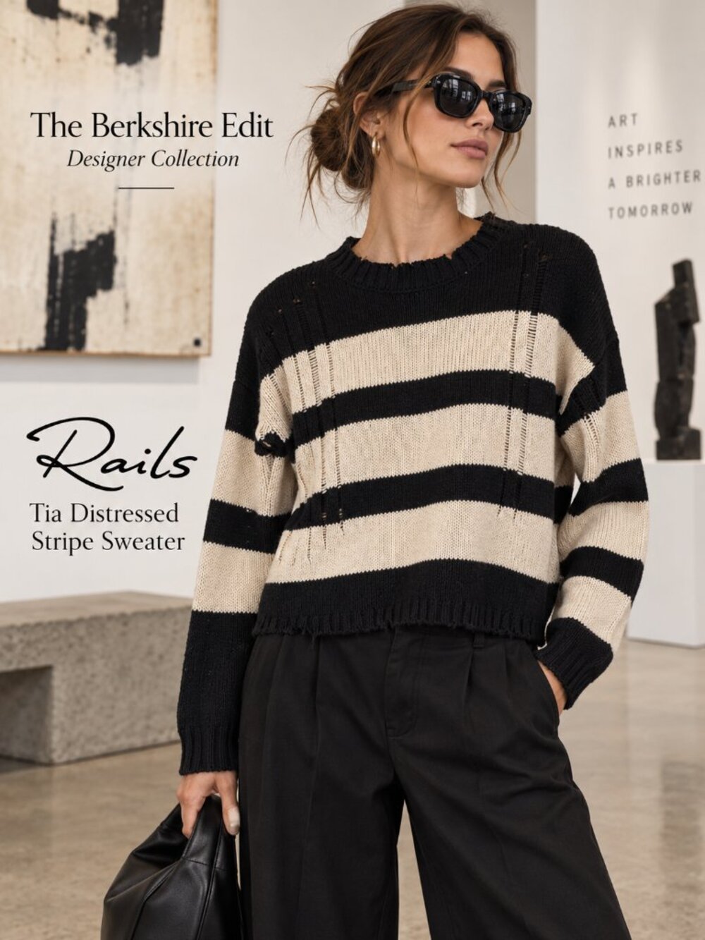 Rails Tia Distressed Striped Sweater XS Black Tan Cotton Crewneck Cropped